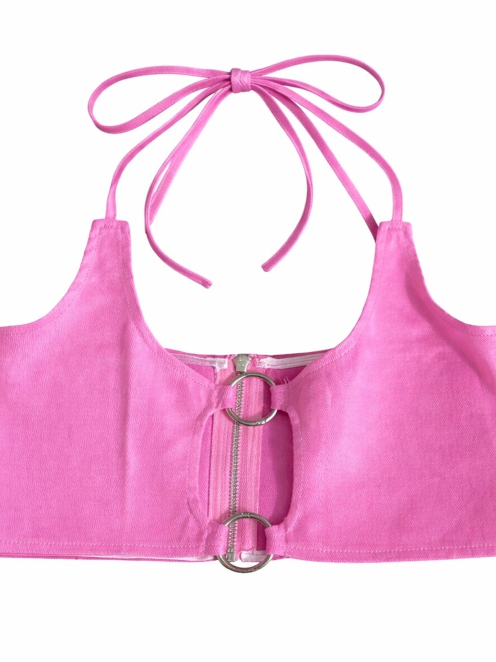 PrettyLittleThing Pink Ring Detail Tie Bralette Denim Coated Crop Top NWT 6